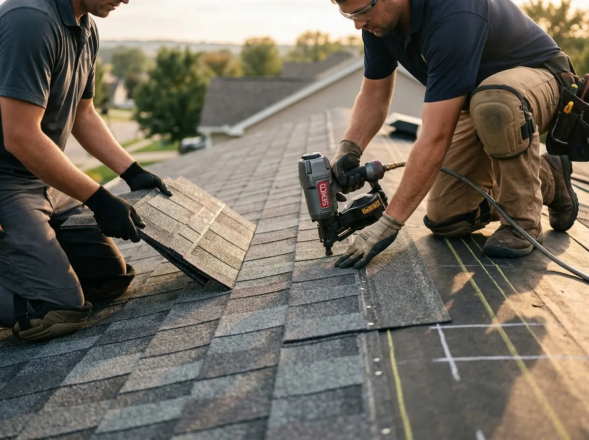Professional roofer working on a residential roof in Meredith